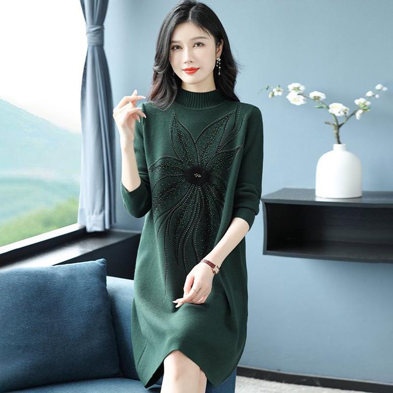 Robes pour Femme Coton Hiver Chaud Col Rond Manches Longues Vintage Décontracté Imprimé Long Tricot Stretch Pull Robes