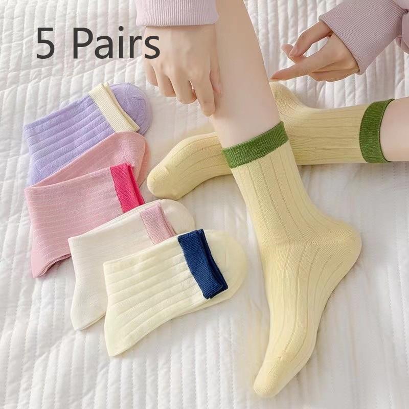 5 Pairs of Candy-coloured Cream Vertical Striped Socks Women Spring and Summer Thin Fresh Pure Colour Simple Colour Blocking Match Medium Socks