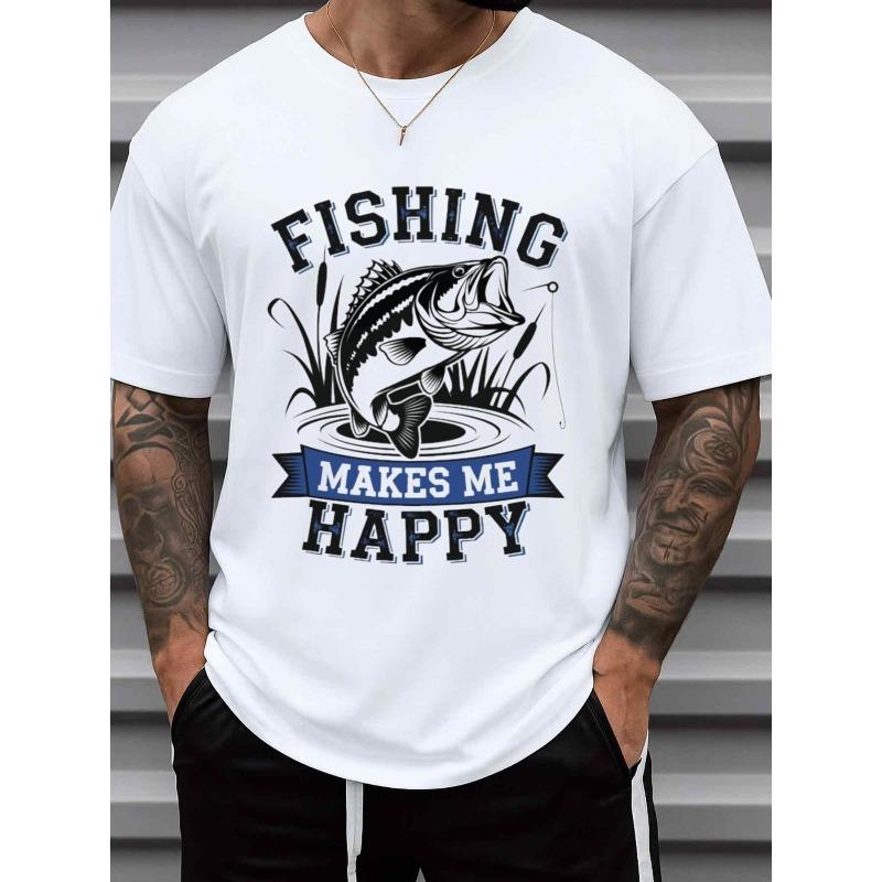 European Size Fishing Happiness Tee , White Crew Neck Tee, Casual Short Sleeve, Perfect for Summer Sports and Leisure Wear, Ideal for 60 Year Old Men
