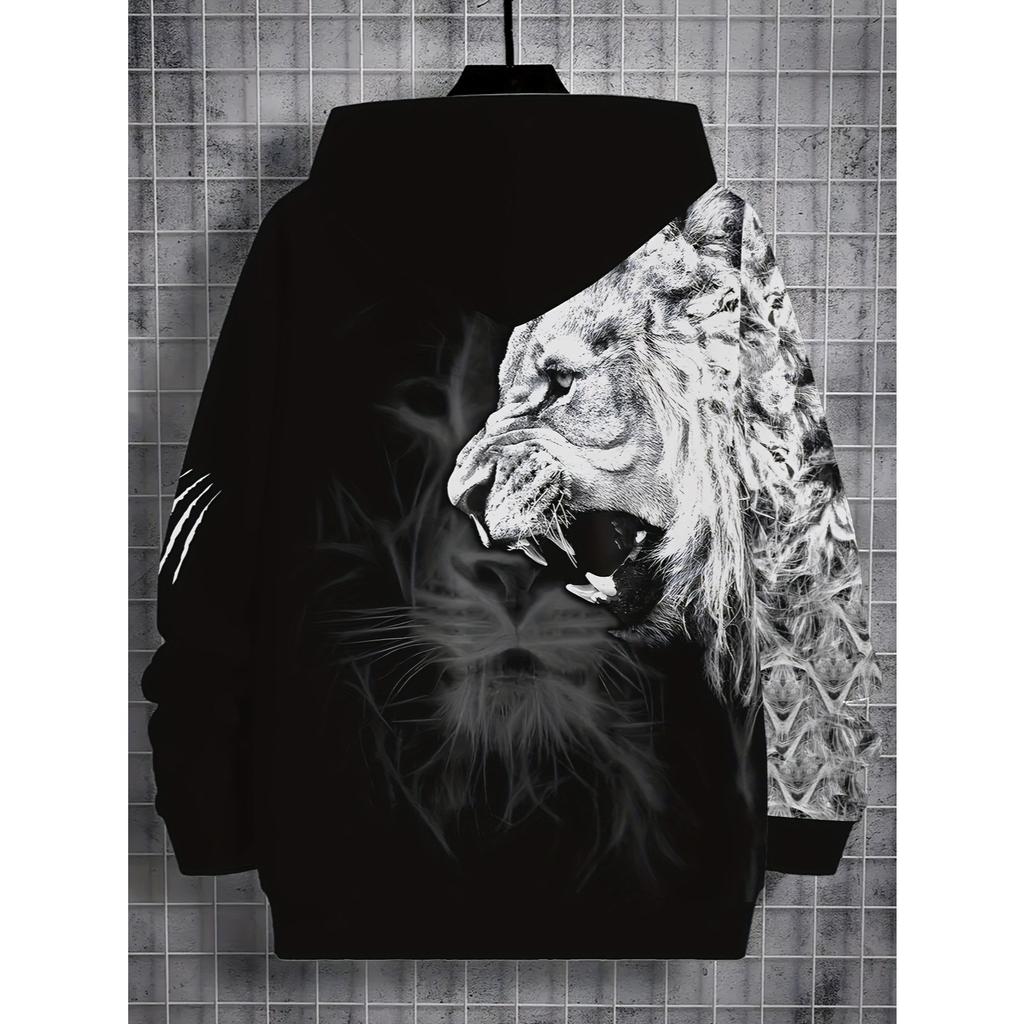 Boys' 3D Printed Hooded Sweatshirt - Black and White Contrasting Pattern Pullover, Long Sleeved Outdoor Sweatshirt