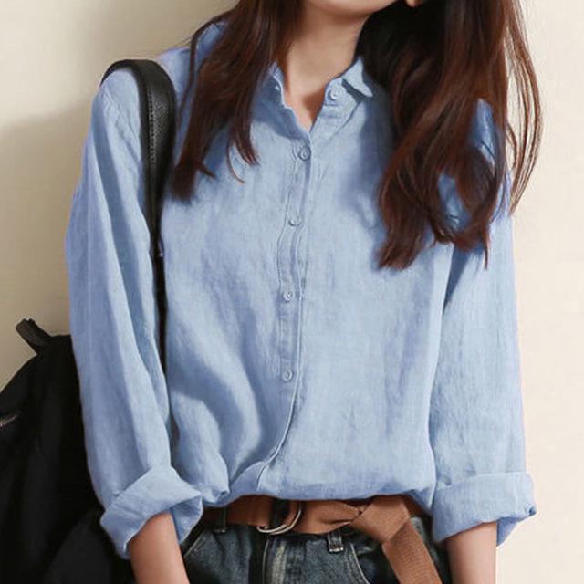 

Женская рубашка из хлопка и льна с длинным рукавом - весна/лето 2025 г. Модная, элегантная и дышащая рубашка с пуговицами XL синий