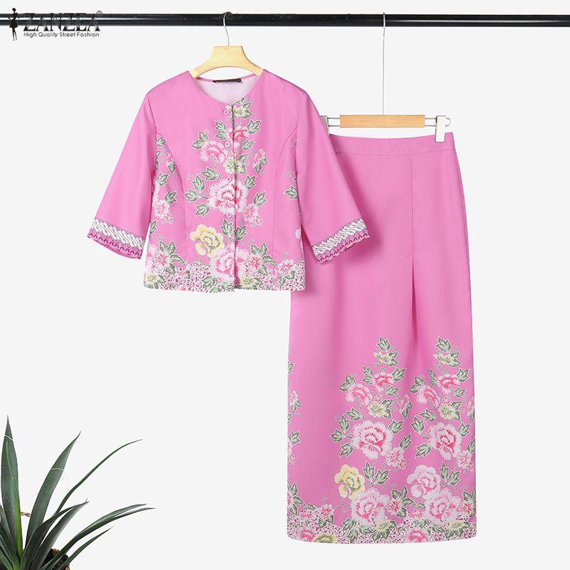 ZANZEA Women Half Sleeve Blouse and Midi Skirts Floral Print Two Piece Suit Sets