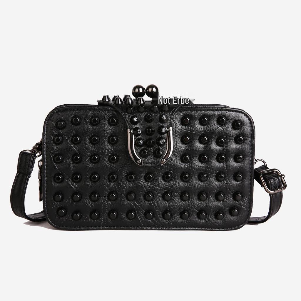 Gothic Style Textured Black Shoulder & Crossbody Bag with Rivets for Women
