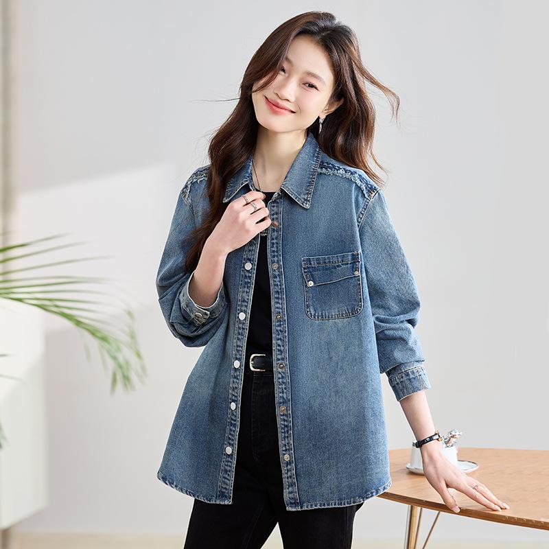 

Женская джинсовая куртка свободного кроя в стиле ретро на весну 2025 года с длинными рукавами и отложным воротником, стиль L1591 XL (130-145 jin) синий/джинсовый