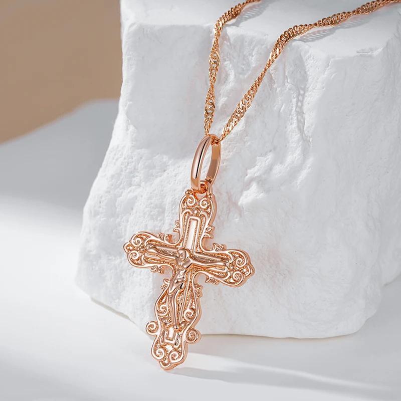 Golden Embossed Texture Cross Pendant Women Necklace Oval Connection Water Wave Chain Vintage Jewelry