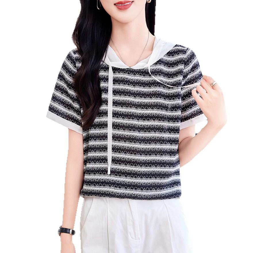 Summer silk double crepe T-shirt women's casual loose short-sleeved mulberry silk hoodie top trendy