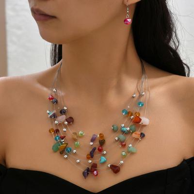 1 takım kadın kolye küpe seti çok katmanlı kolye taş dekor bohem tarzı boyun kulak takı sallanan küpeler kolye seti