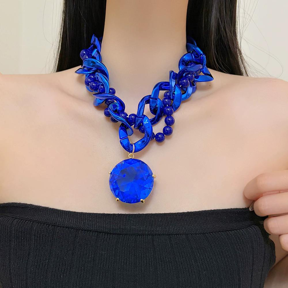 

Colorful Acrylic Beaded Thick Chain Necklace For Women Retro Large Gemstone Pendant Collarbone Chain Neck Chain Fashion Jewelry Other