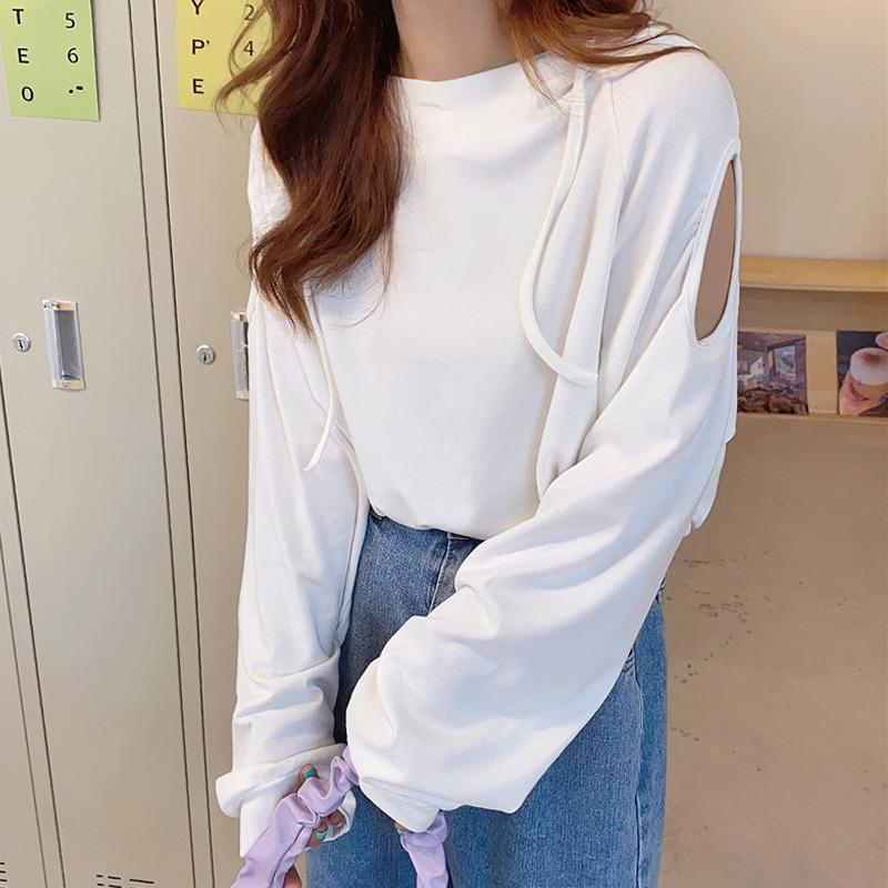 Real shot autumn hooded cotton solid color versatile off-shoulder loose thin hooded sweater jacket top M 2760₽