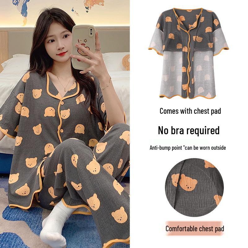 

Women s Summer Pajamas with Built-in Bra, Faux Cotton, Short Sleeve & Long Pant Set, Loose Fit, Anti-Nipple, 2026 Collection, One-Piece XXL (Recommended 70-80 kg)