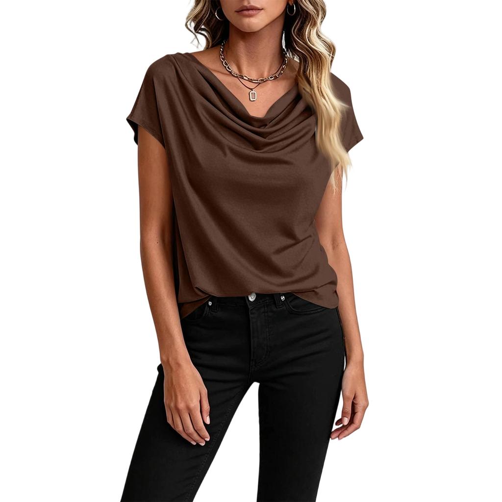Womens Casual Draped Neck Short Sleeve Top Lightweight Relaxed Fit Solid Color Blouse Suitable for Daily Wear and Various Occasions