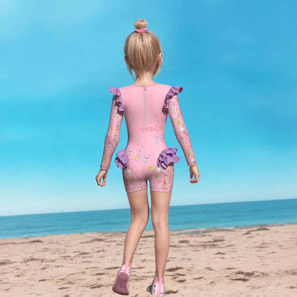Costume da bagno intero a maniche lunghe con volant per bambina, con slip, certificato CPC per bambini