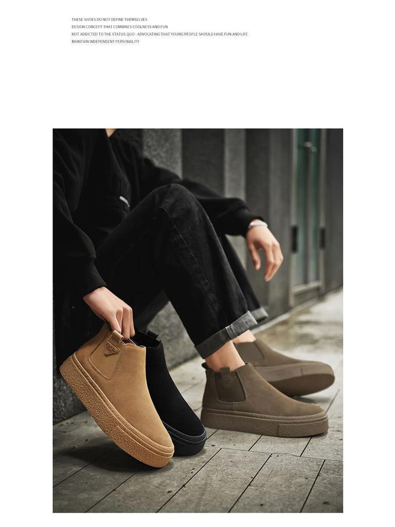 Chelsea Men's Retro Leather Martin High-Top Ankle Boots, One-Step, Thick-Soled, Versatile for Autumn/Winter.