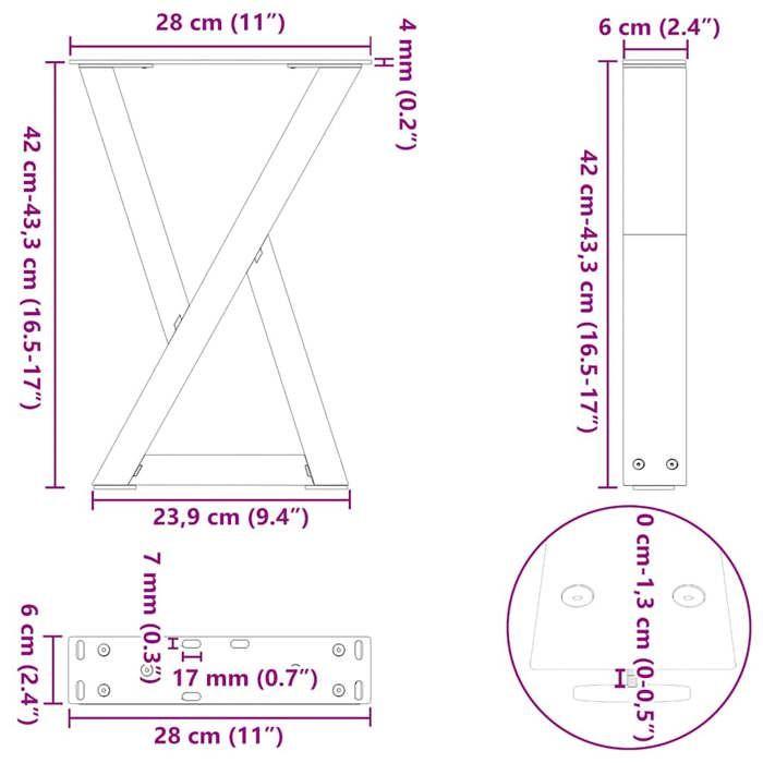 VidaXL Pieds de table basse 2 pièces Acier naturel 28 x (42-43,3) cm Acier 4012699