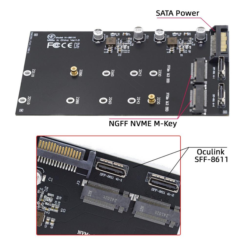 SF-046-2P Dual Oculink SFF-8612 4X To Dual NVME 110mm Adapter Card for Mainboard/Pcie SSD Connection