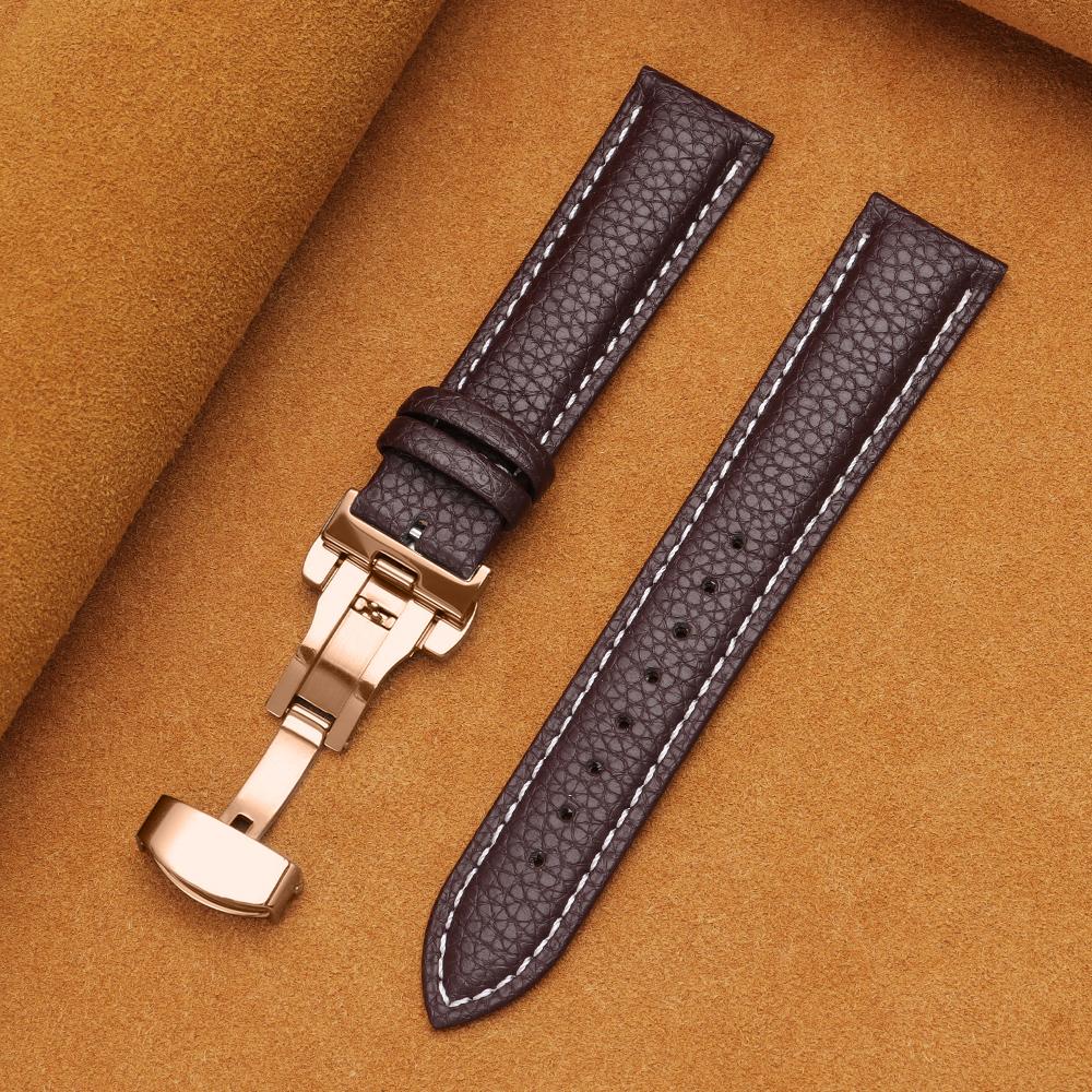12/14/16/18/19/20/22mm Kalvskinnsklockarmband Litchimönstrad Rem Äkta Läder Armbandsurrem Fjärilsspänne Klocktillbehör