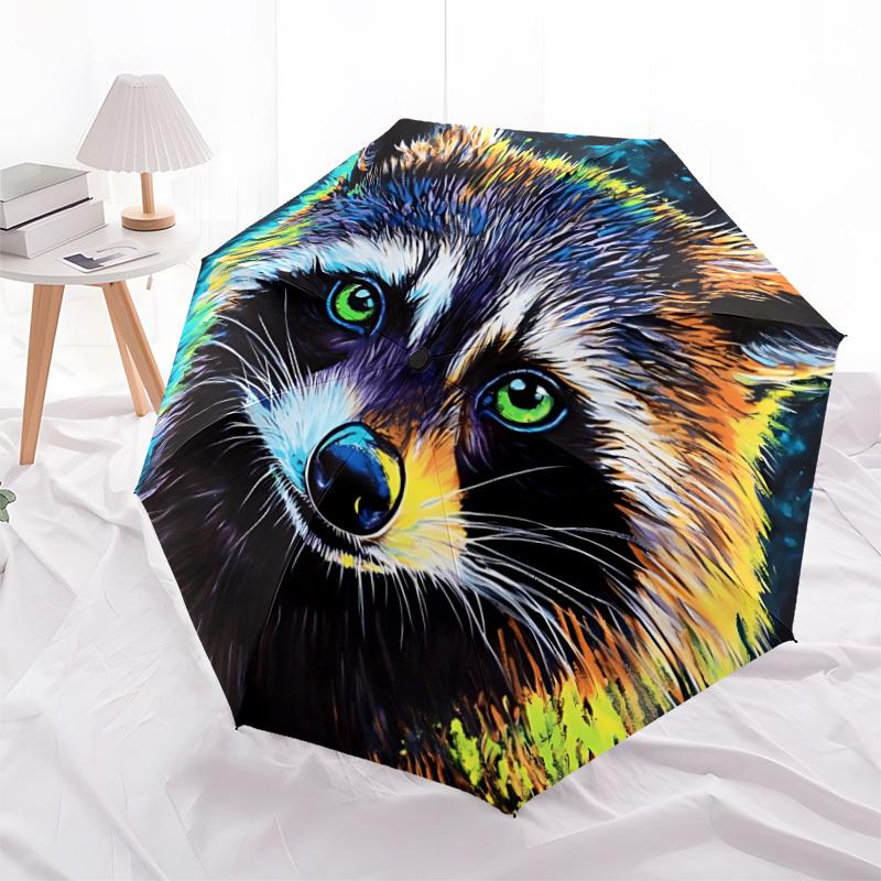 1pc Raccoon Art Automatic Folding Umbrella Portable Collapsible Umbrella for All Seasons, 8-Rib Durable Construction, Perfect Gift 031
