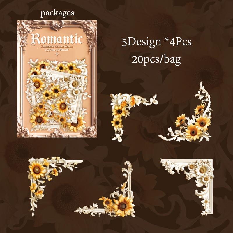 20pcs Romantic Corner Series Floral Corner Stickers - Vintage Baroque Sunflower Design, Self-Adhesive for DIY Notebooks, Photo Albums