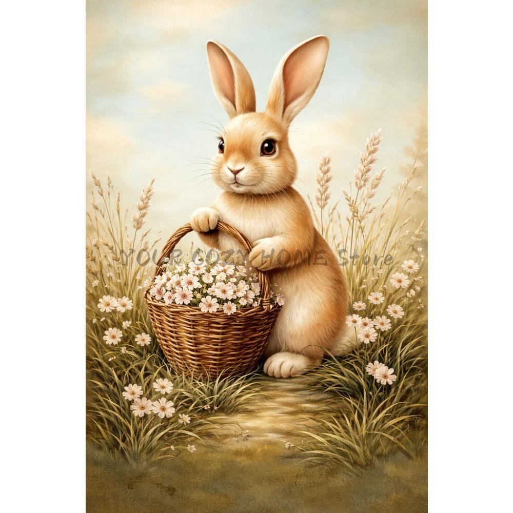 Vintage Cute Easter Bunny Spring Flower Animal Rabbit Carrot Art Poster Canvas Painting Wall Prints Picture for Room Home Decor