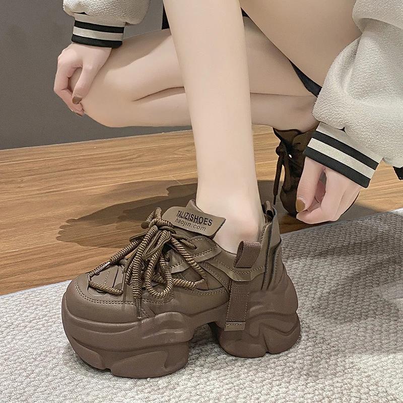 Fashion Fashion Chunky Sneakers Women Autumn Lace Up Platform Sports Shoes Woman 8CM Thick Bottom High Heels Female Leather Sneakers