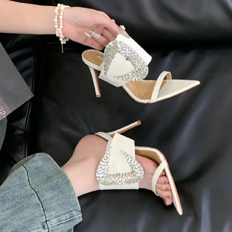 Fashion Fashion Crystal Buckle Luxury High Heels Summer Sexy Pointed Toe Slide Sandals Elegant Wedding Bridal Shoe Party Shoes for Women