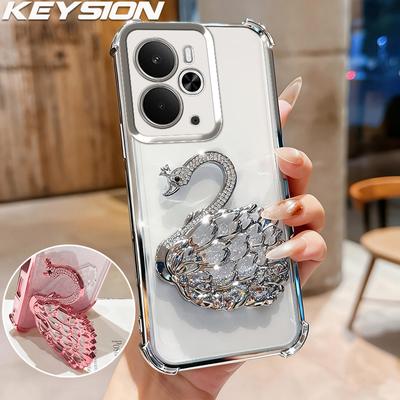 KEYSION Custodia Antiurto Placcata per Telefono per Realme 14 5G Trasparente TPU Glitterata Gioiellata Cigno Cavalletto Cover Posteriore per OPPO Realme 14T 5G