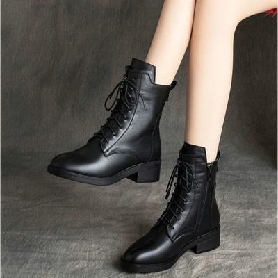 European and American Retro Short Boots Women's  New Versatile Soft Leather Mid Heel Plush Women's Boots