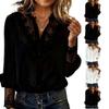 Dames Blouse met Lange Mouwen, Kant Patchwork, Casual V-hals, Knoopjes, Doorzichtig Mesh Paneel, Losse Pasvorm Top voor Dagelijks Gebruik