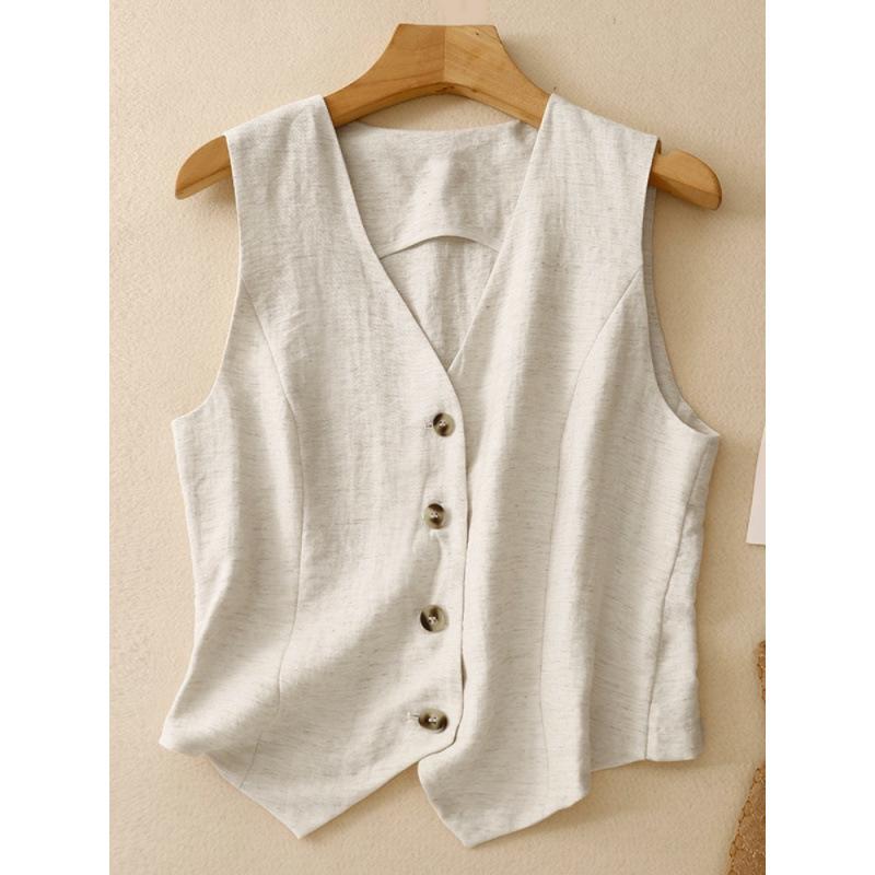 Women's Summer V-Neck Linen Vest - Solid Color, Sleeveless, Slim Fit Tank Top