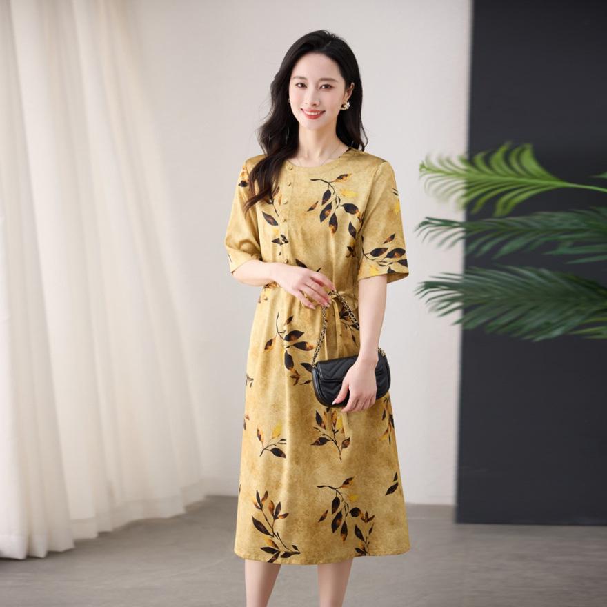 

Fashion waist and thin silk dress, spring and summer new printed silk medium and long A-shaped skirt L золотий жовтий колір