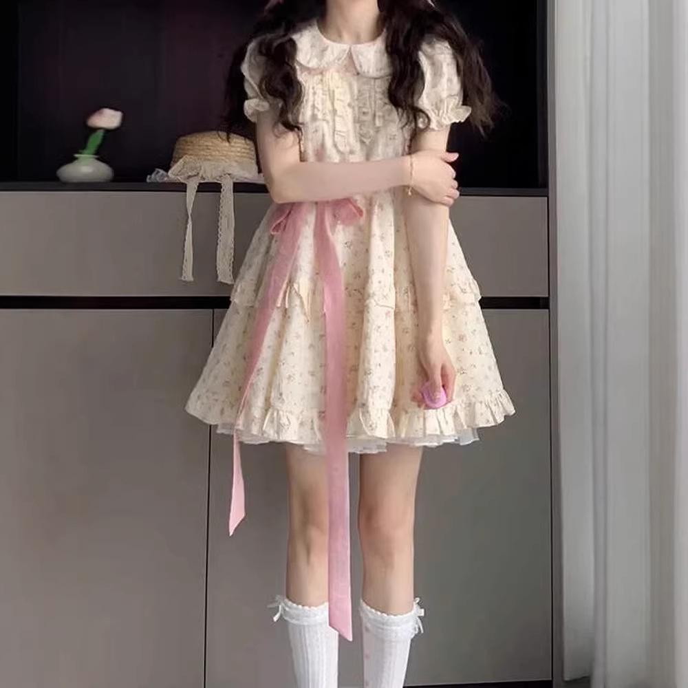 Sweet floral doll collar dress women's summer bubble sleeves small princess cake dress waist fluffy dress