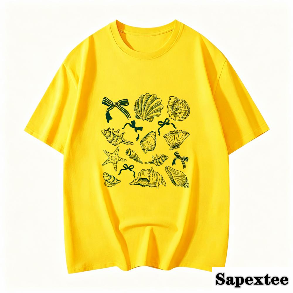 Summer American Retro Y2k Marine Animal Conch Bow Pattern Tshirt Unisexs Loose Round Neck Street Clothing Halfsleeved Top