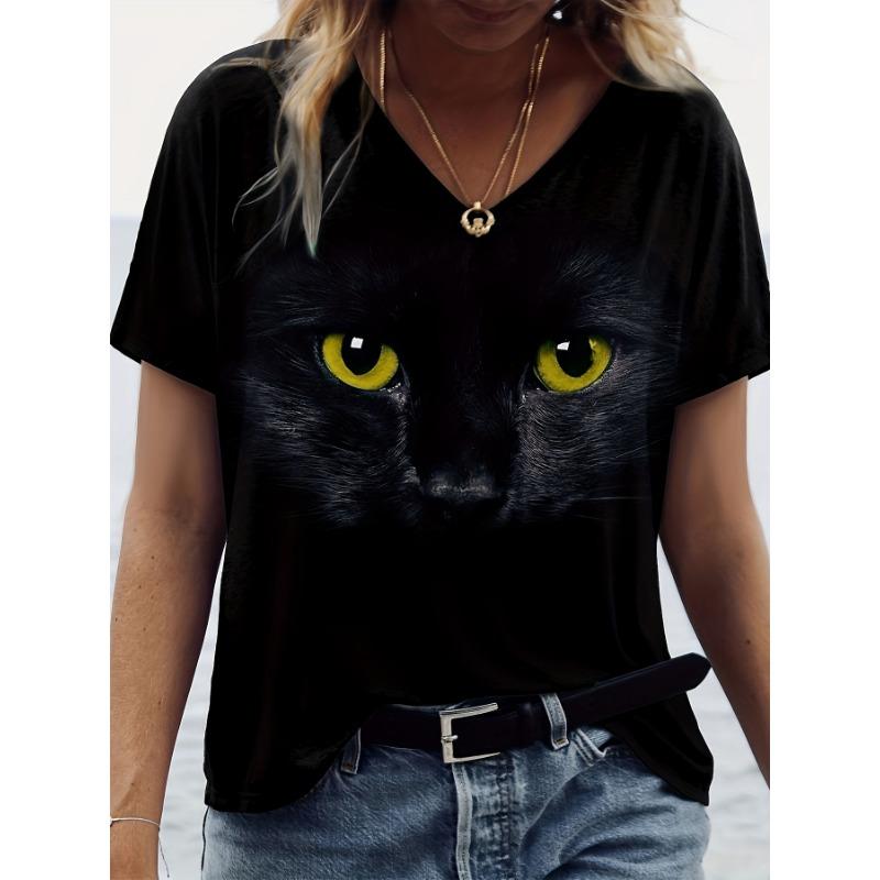 

3D Printed Women s T-Shirt Black Cat Short Sleeve Daily Weekend Basic V Neck Regular Suitable for Cat Painting XL