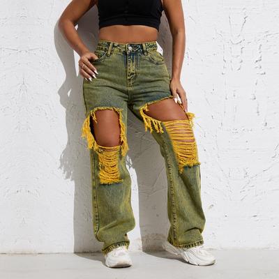 Melody Women's Y2K Ripped Denim Pants Yellow Wash Streetwear Loose Straight Jeans Split Detail Retro Style