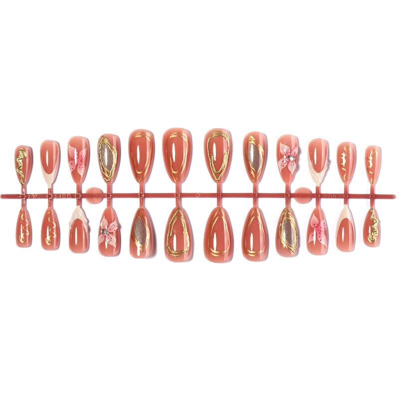 24PCS Gilded Snake Pattern Golden Lines Almond Press On False Nails Tip Sweet Cool Nude Pink Flowers French Fake Nails for Women