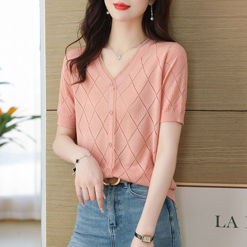 Summer V-neck Knitted T-shirt for Women Ice Silk Knit Sweater Loose and Thin Short Top