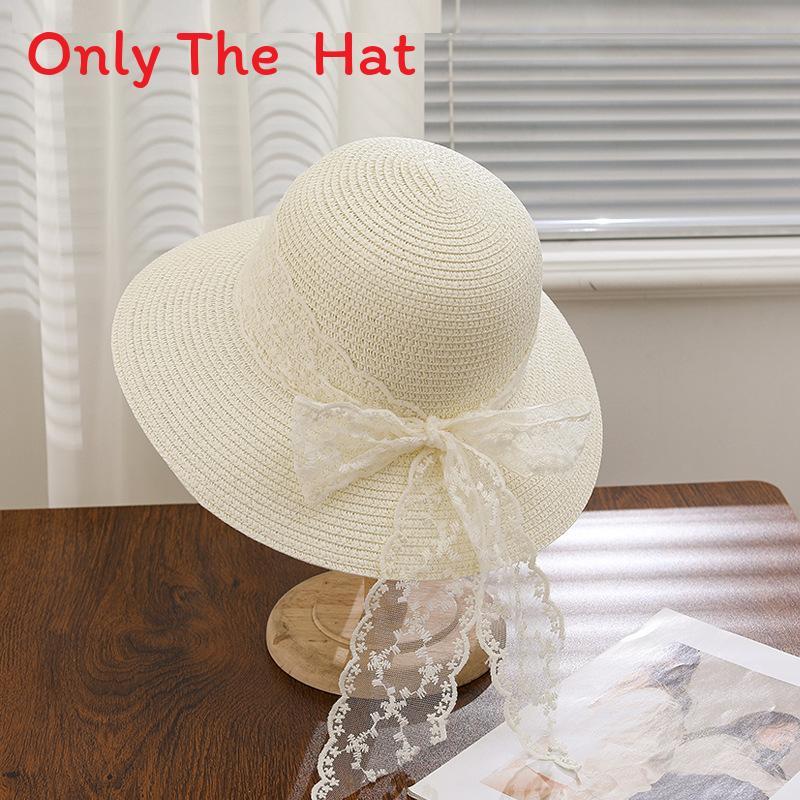 

French Lace Ribbon Sun Hat With Wide Brim For Summer Beach Vacation Girls белый