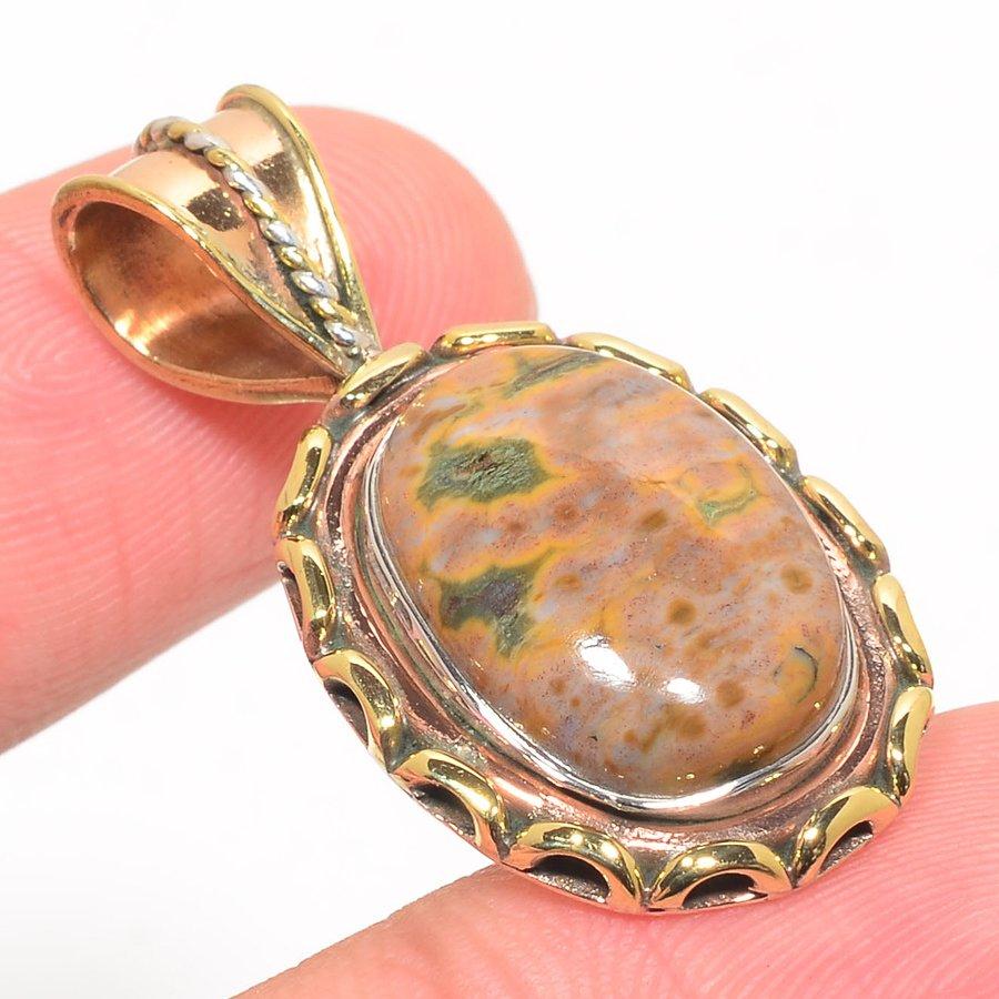 Natural Ocean Jasper TwoTone 925 Solid Sterling Silver Gift Pendant 1.50" Z9Z94