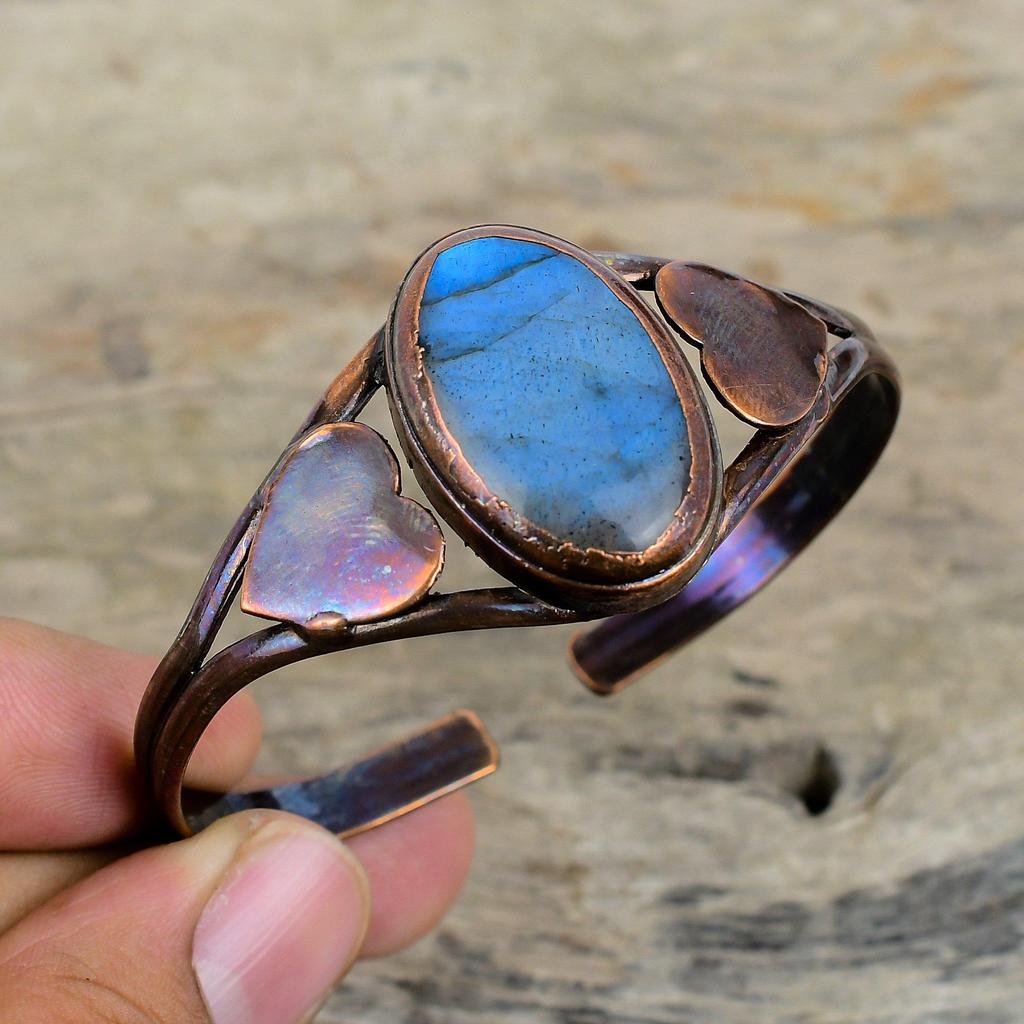 Labradorit Armreif Elektrogeformtes Kupfer Verstellbarer Armreif Natur Edelstein Armband Handgemachter Armreif Elektrogeformter Schmuck Geschenke für Ihn