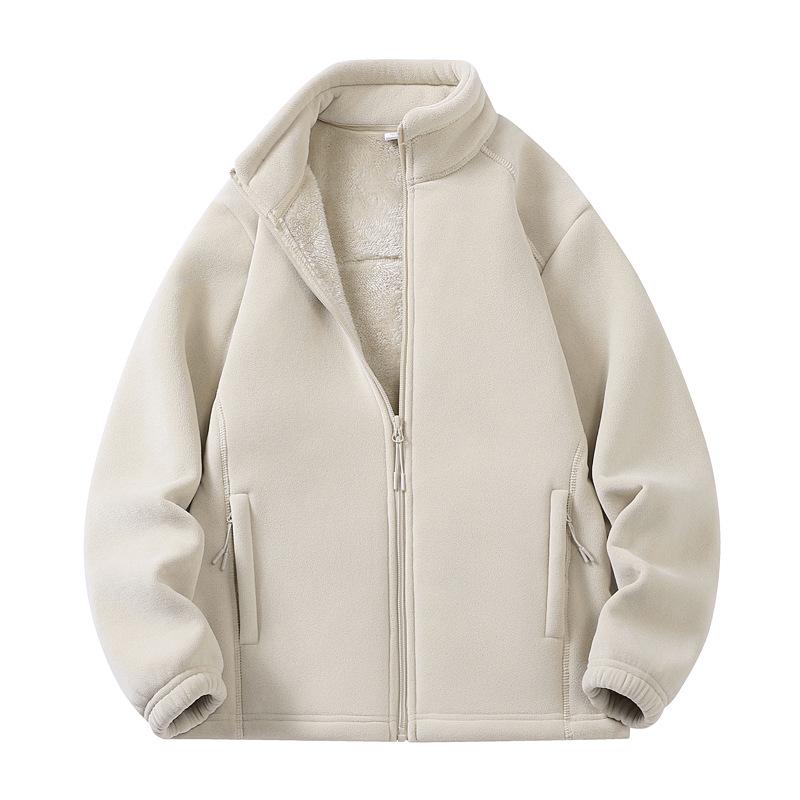Autumn/Winter Fleece Couple's Jacket: Velvet-Thickened, Warm, Stand Collar, Pure Color Outerwear