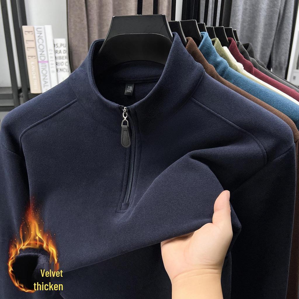 Men's Thickened Fleece Half-Zip Polo Shirt with Stand-up Collar - Comfortable, Skin-Friendly, Plus Fleece Casual Hoodie