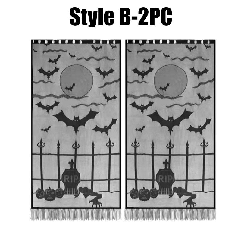 Haunted House Spider Web Curtains Bat Motif Black Lace Gothic Door Window Panel Scary Halloween Seasonal Decoration Drapery