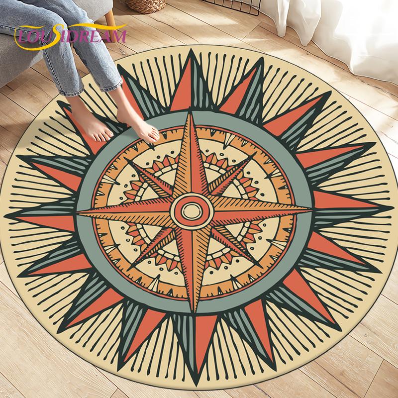 Compass Round Area Rug,Retro British Navy New World Discovery Rug,Carpets for Living Room Bedroom,Kids Play Non-slip Floor Mats