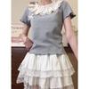 Women's Pure Cotton Lace Collar Ruffle Bow Short Sleeve Top