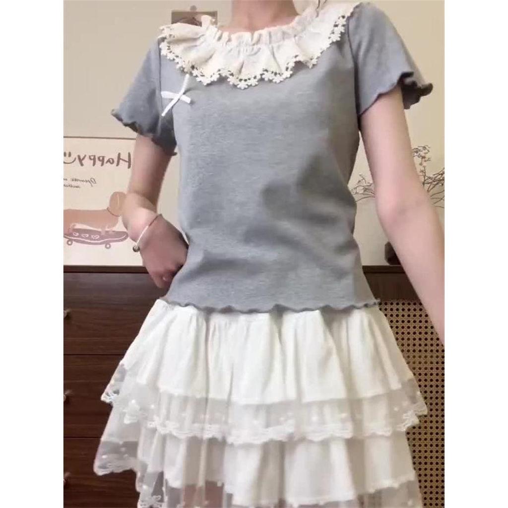 Women's Pure Cotton Lace Collar Ruffle Bow Short Sleeve Top