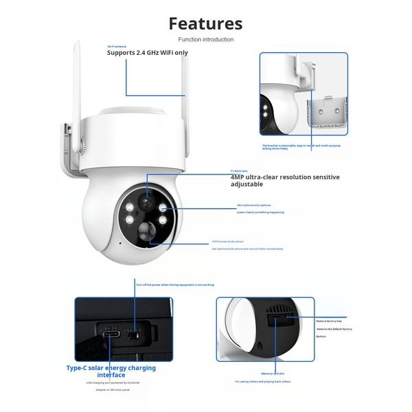 2.5K 4MP WiFi Solar Outdoor Home Human Detection PTZ IP Camera Smart Security Protection CCTV Video Cam
