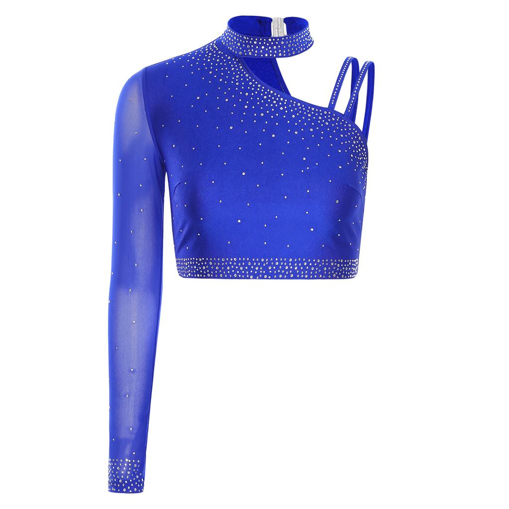 S-XXL Damen Tanz Crop Top: Asymmetrisches, glitzerndes Oberteil mit einem langen Ärmel und Strasssteinen für Bauchtanz, Chacha, Tango