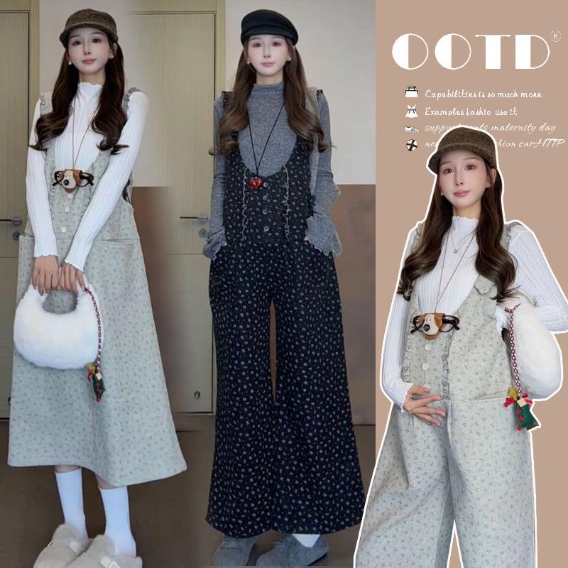 Korean Style Cute Cartoon Floral Maternity Overalls Skirt - 2025 Winter Collection L