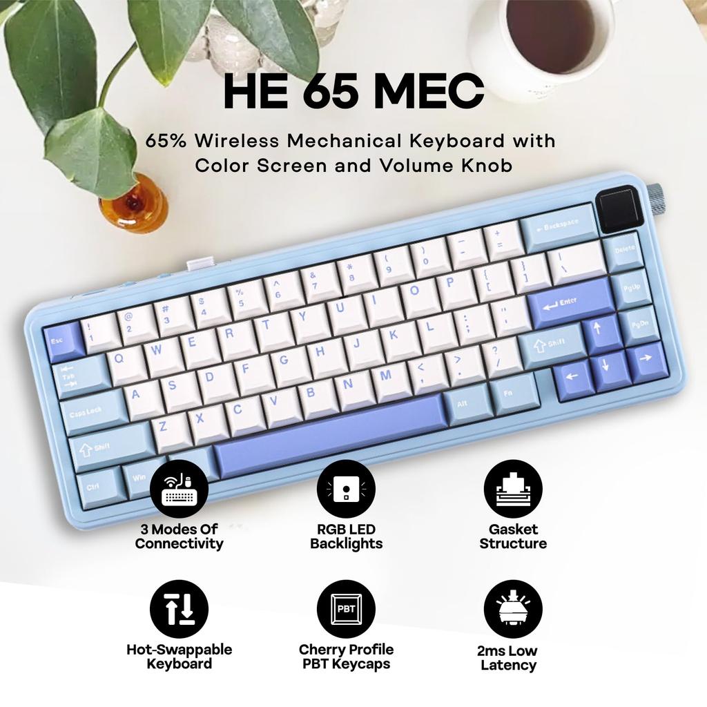 EPOMAKER HE65 MEC Wireless Mechanical Keyboard with Screen 2ms RGB Gasket Gaming Technical Standards Certification & Knobs, Latency, Backlight, Mount,