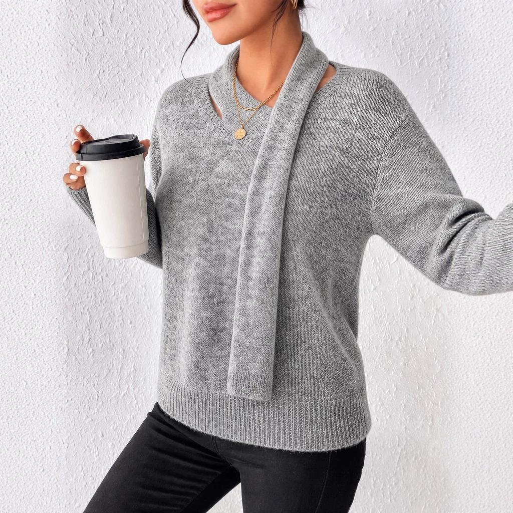 Design scarf collar knitted sweater women's autumn and winter loose V-shaped fake two-piece long-sleeved pullover casual knitted top